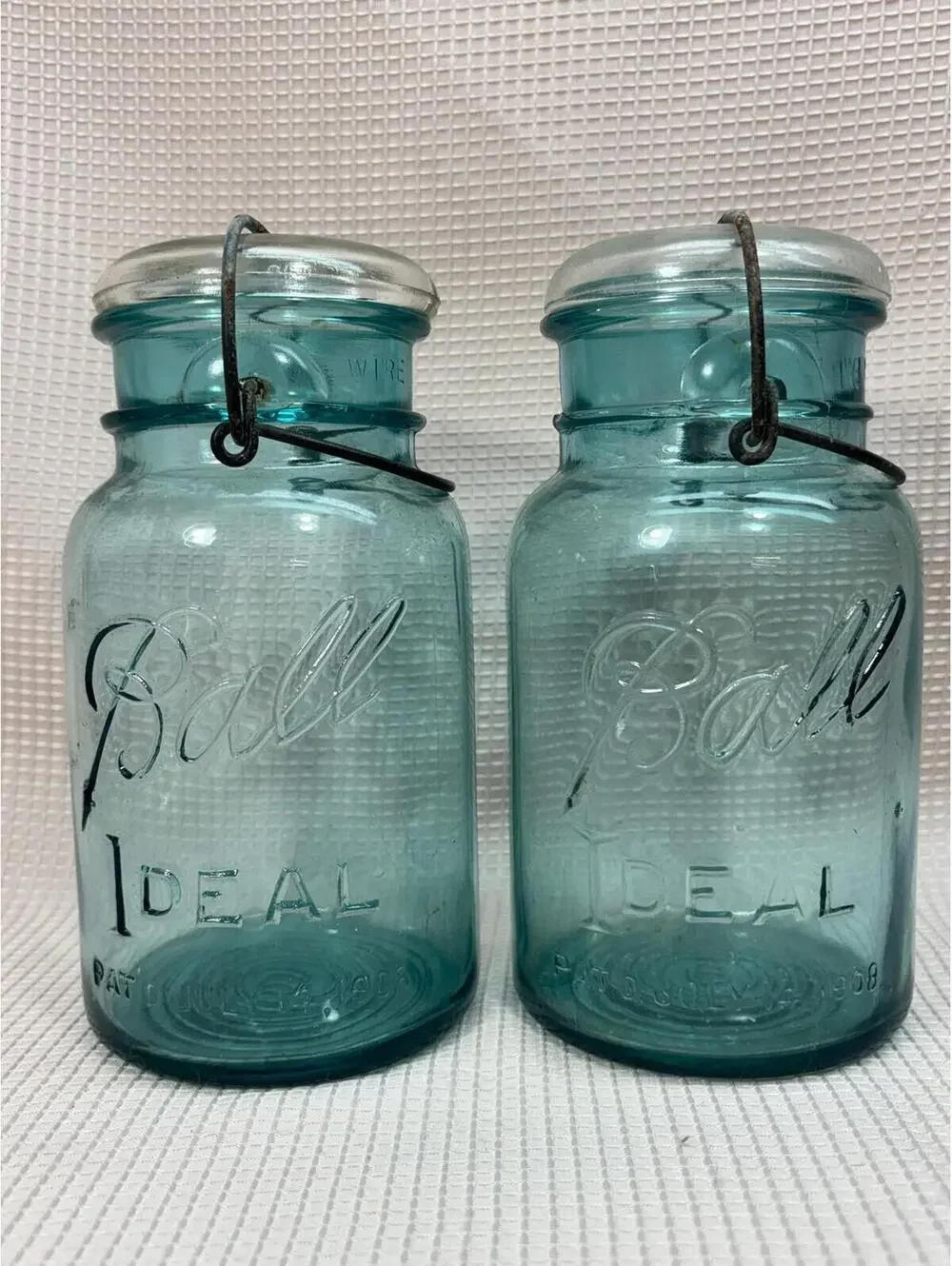 62 - 2 vintage round Blue canning jars wire lock glass lids -  Ball